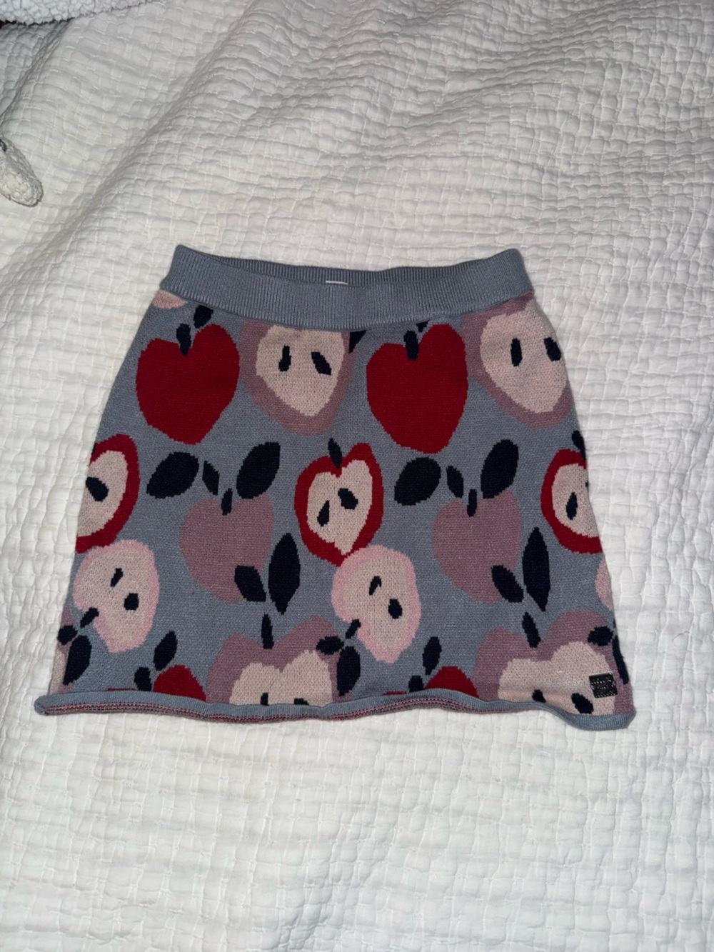 Apple Print Knit Mini Skirt in Gray and Red